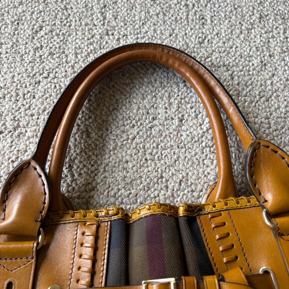 Burberry Prorsum House Check Canvas Tote Chrome Yellow Bridle Leather Large - Picture 7 of 16